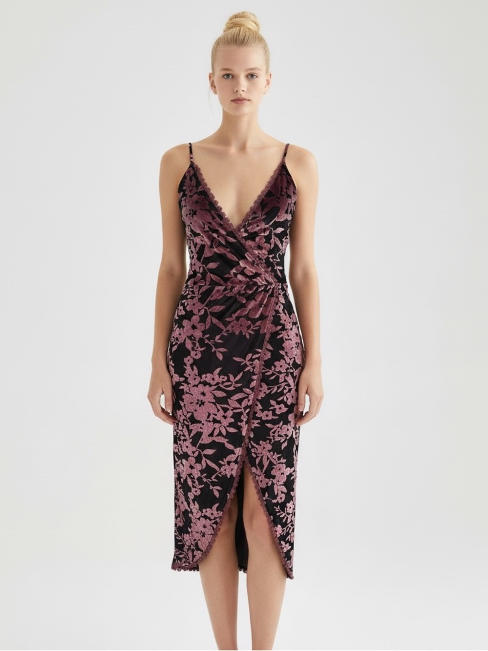 Adam Levine whimsygoth Plunge Wrap Velvet Floral Midi Dress in Mauve/Black XS